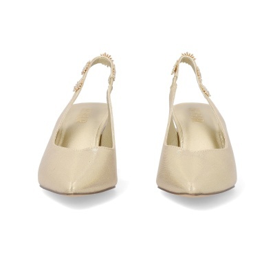 Sapatos femininos slingback dourados com pérolas e interior dourado
