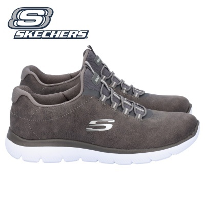 Sapatilhas cinzentas Skechers com sola branca e logo branco