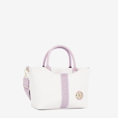Mala branca com alças lilás e logótipo dourado