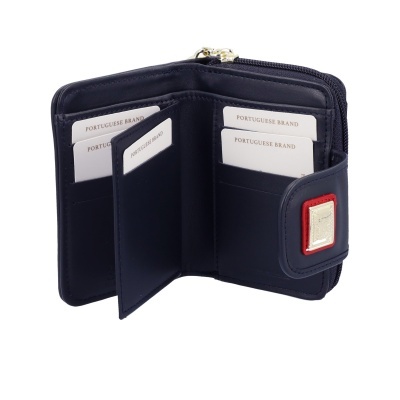 Carteira preta de pele com fecho e cartões