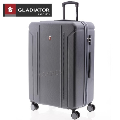 Mala de viagem rígida cinzenta com quatro rodas e pega retrátil