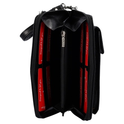 Carteira preta em pele com interior vermelho e fecho de correr prateado