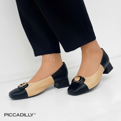 Sapatos de salto baixo preto e bege com fivela dourada e preto, textura imitando pele de cobra, marca Piccadilly