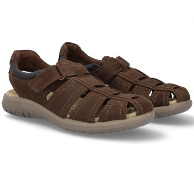 Sandálias masculinas castanhas de pele com sola bege e fecho de velcro