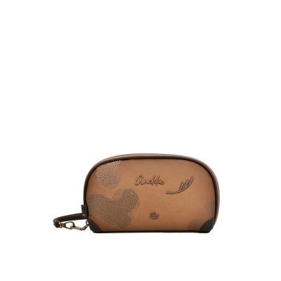 Bolsa pequena castanha clara com detalhes decorativos e nome Anekke