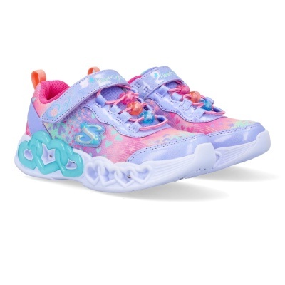 Ténis infantis coloridos lilás, rosa e azul com detalhes de corações e fecho em velcro