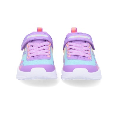 Sapatilhas infantis lilás, azul claro e rosa com fecho de velcro e atacadores