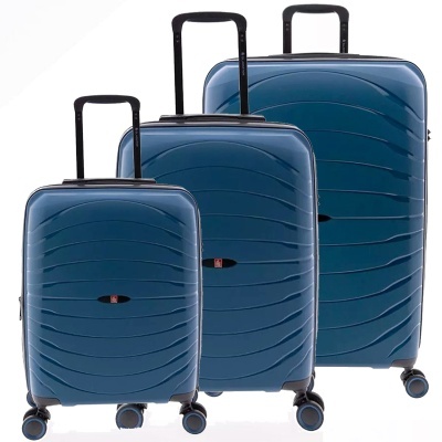 Conjunto de três malas rígidas azuis com rodas e puxadores retráteis