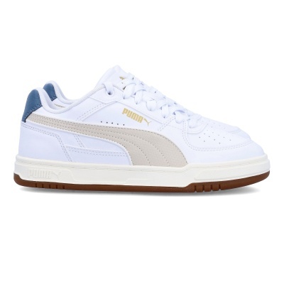 Ténis Puma branco com detalhes cinza e azul, logo dourado e sola castanha