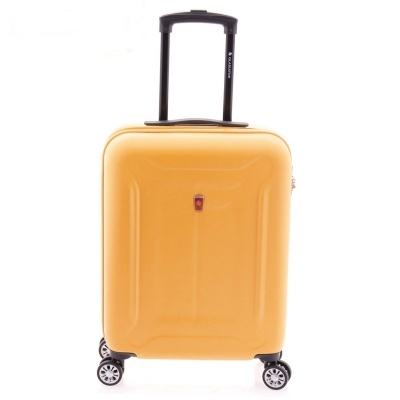 Mala de viagem rígida amarela com pega preta e rodas