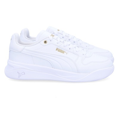 Ténis brancos Puma com detalhe dourado e sola branca