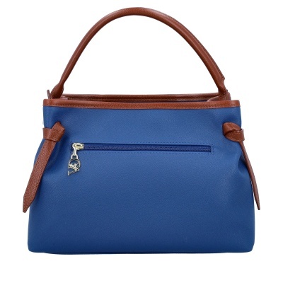 Mala azul com detalhes em pele castanha e bolso exterior com fecho