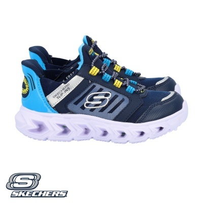 Ténis infantil Skechers azuis com sola branca e detalhes amarelos