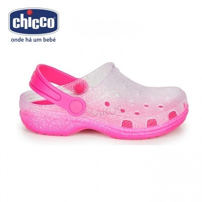Sandália infantil tipo clog Chicco branca e rosa com brilhos