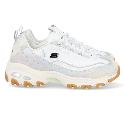 Ténis Skechers brancos com detalhes cinza e sola beige