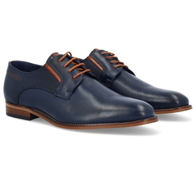 Sapatos sociais masculinos em couro azul escuro com detalhes castanhos