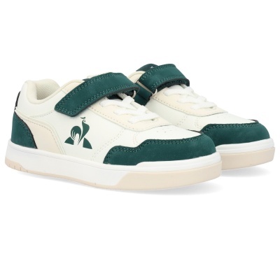 Par de sapatilhas infantis branco e verde escuro com velcro e logótipo de galo