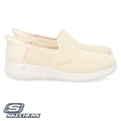 Ténis Skechers de malha bege claro e sola branca