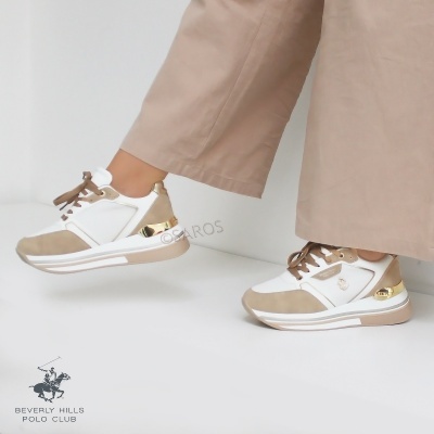 Sapatilhas desportivas brancas e bege com detalhes dourados da Beverly Hills Polo Club
