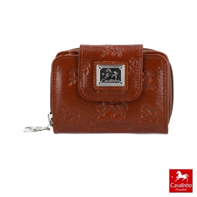 Carteira Cavalinho em pele castanha com textura gravada de cavalos e fecho metálico