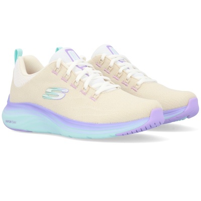 Ténis Skechers femininos bege com sola lilás e azul claro