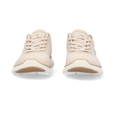 Sapatilhas Skechers Flex-Lite bege claras com sola branca e detalhes castanhos vistas de frente