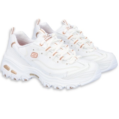 Ténis brancos Skechers com detalhes bege e rosa e sola grossa branca