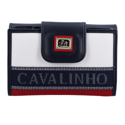 Carteira feminina Cavalinho azul marinho, branca e vermelha com placa metálica