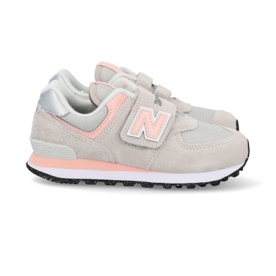 Sapatilhas infantis New Balance cinza com detalhes cor-de-rosa e branco com velcro
