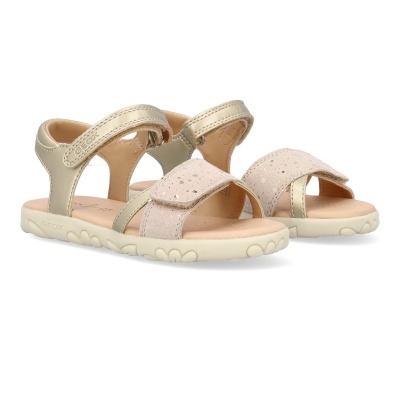 Sandálias de criança Geox bege e douradas com velcro e sola branca texturada