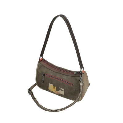 Mala de ombro cinza com fechos vermelhos e desenho colorido