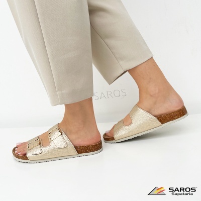 Chinelos dourados tipo sandália com sola de cortiça