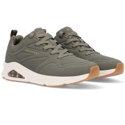 Sapatilhas Skechers cinza esverdeado com sola branca e detalhes bege