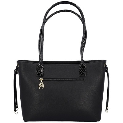 Mala de senhora preta com alças com padrão pele de crocodilo e fecho com pendente dourado