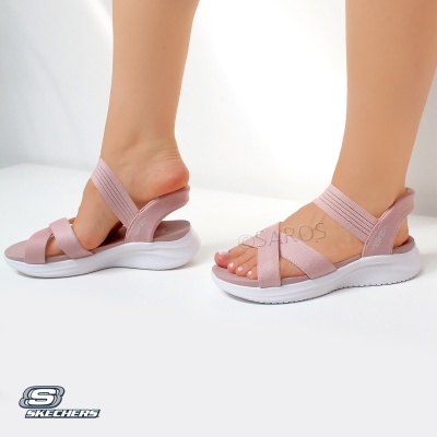 Sandálias Skechers femininas rosa claro com sola branca