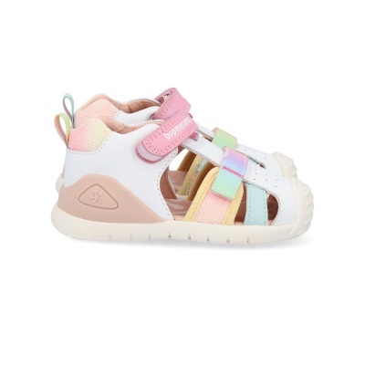 Sandália infantil branca com tiras coloridas e fecho de velcro rosa