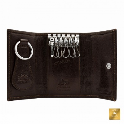 Carteira porta-chaves de pele castanha com seis ganchos e argola metálica