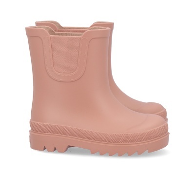 Botas de borracha cor de rosa claro com sola ranhurada e elástico lateral.