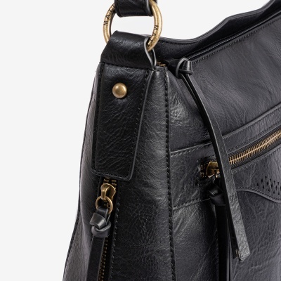 Mala preta de pele com detalhes metálicos dourados