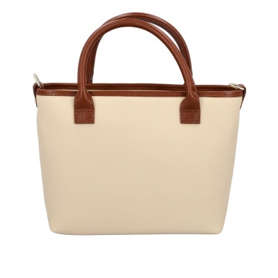 Mala de mão bege com alças castanhas em fundo branco