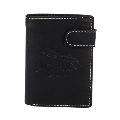 Carteira preta de couro Jaguar com costuras brancas e fecho de aba.