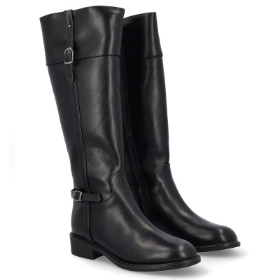 Botas femininas altas pretas em pele sintética com fivelas