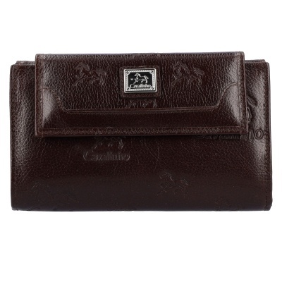 Carteira em pele castanha escura com padrão em relevo e placa metálica Cavalinho