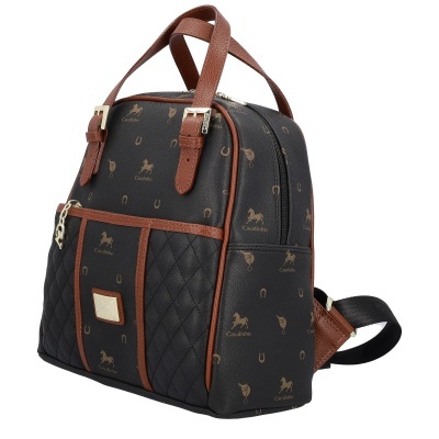 Mochila preta com padrões em castanho e detalhes em pele castanha.