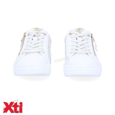 Sapatilhas brancas com detalhes dourados e zíper lateral