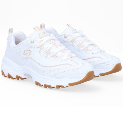 Ténis brancos Skechers DLites com detalhes castanhos claros e sola castanha.