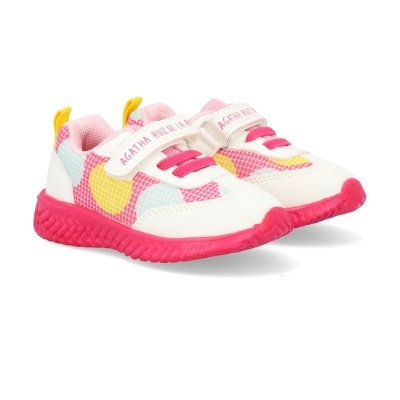 Ténis infantis coloridos com fecho de velcro e sola rosa.