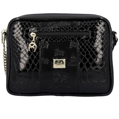 Bolsa preta texturizada com detalhes de cavalos e fecho zip