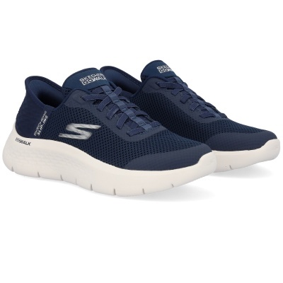 Ténis Skechers Go Walk azul escuro com sola branca e logo prateado