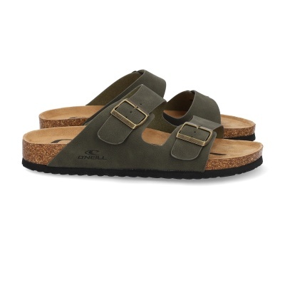 Sandálias O'Neill verde escuro com sola de cortiça e fivelas metálicas